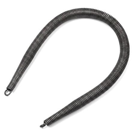 Dark gray flexible metal bending spring with looped ends, shaped into a U-curve, for plumbing or electrical use, shown on a