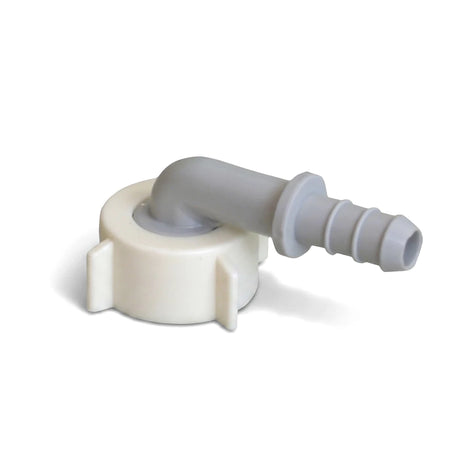 White and gray L-shaped bent hose end piece adapter with a ribbed barb fitting for secure connections.