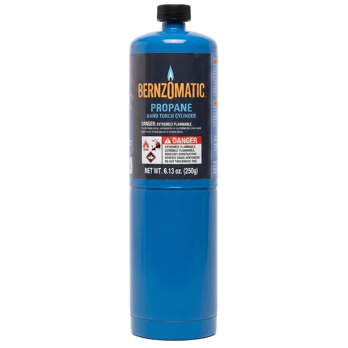 Blue Benzo propane gas canister with a black cap and brand label, shown upright and centered on a white background.