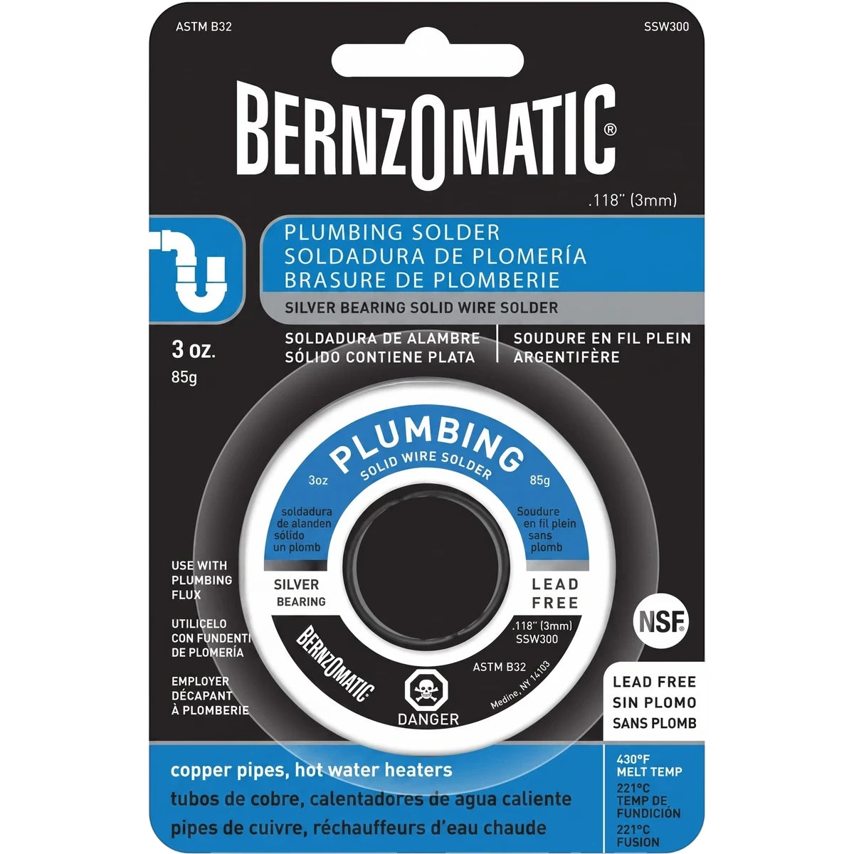 BernzOmatic silver bearing solid wire plumbing solder, lead-free, 3 oz (85g) in its retail packaging.