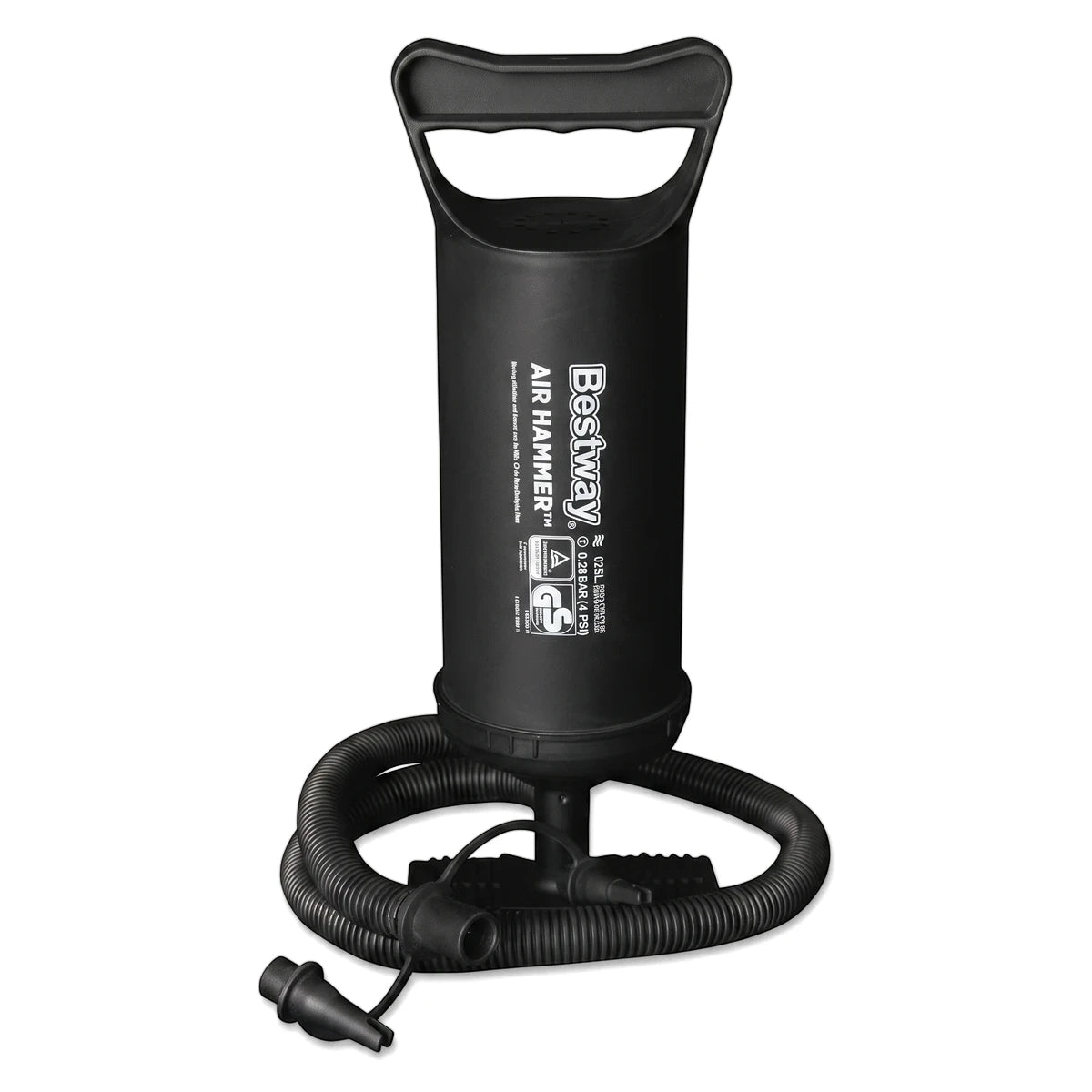 Black Bestway Air Hammer hand inflation pump, 30cm, with a coiled hose and nozzle, on a white background.
