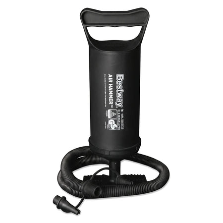 Black Bestway Air Hammer hand inflation pump, 30cm, with a coiled hose and nozzle, on a white background.
