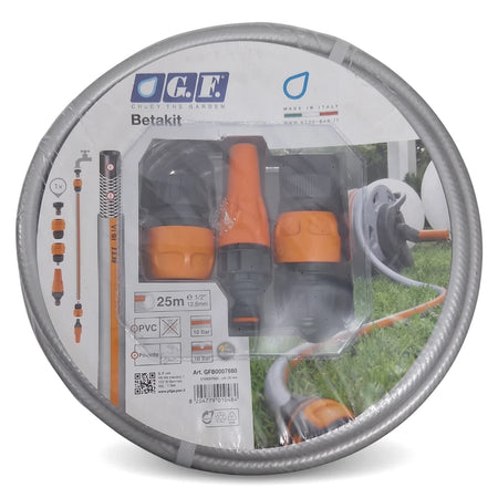 Beta Garden Hose Kit with 1/2" x 25m coiled gray hose and orange and black fittings, shown in clear retail packaging.