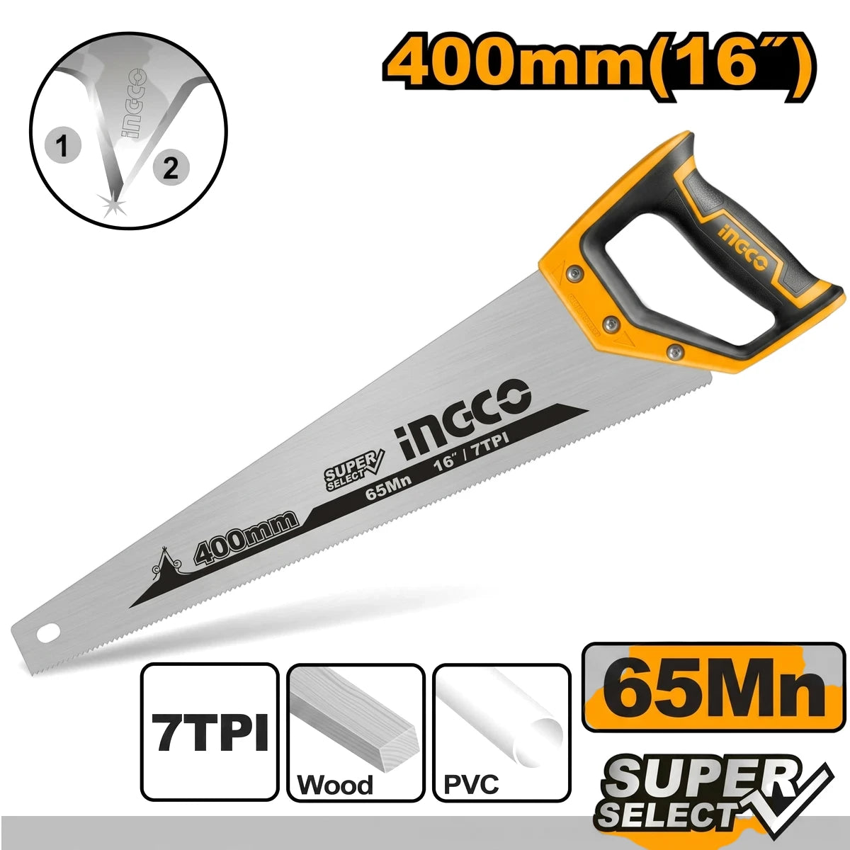 Bevel Blade Hand Saw 7 Tpi 400mm with silver steel blade and orange black handle, side view