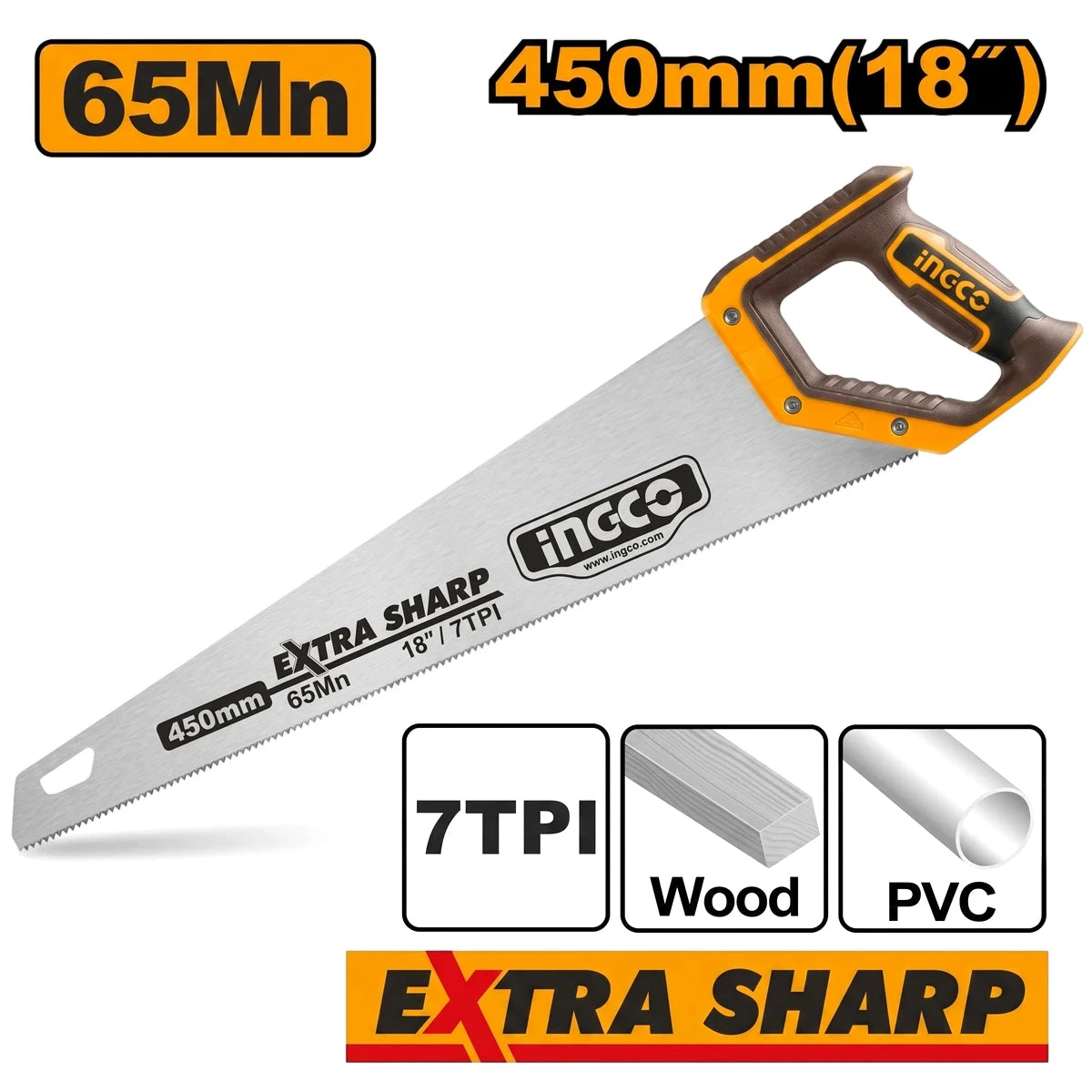 Bevel Blade Hand Saw with 7 TPI, 450mm extra sharp blade and ergonomic yellow and black handle, visible diagonally.