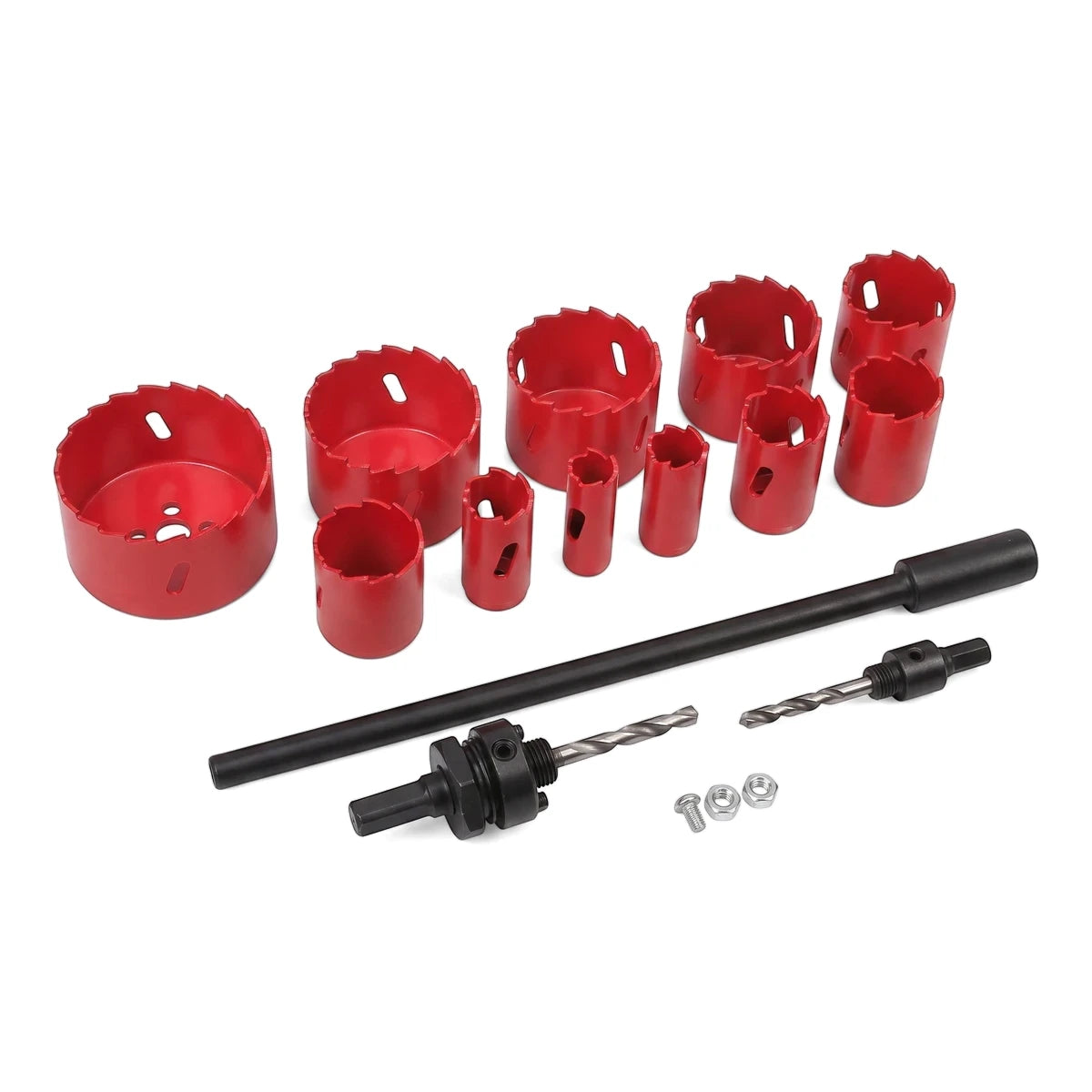 A Bi-Metal Hole Saw Set featuring various sizes of red saw cups, black extension rods, and an arbor, neatly displayed.