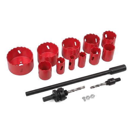 A Bi-Metal Hole Saw Set featuring various sizes of red saw cups, black extension rods, and an arbor, neatly displayed.
