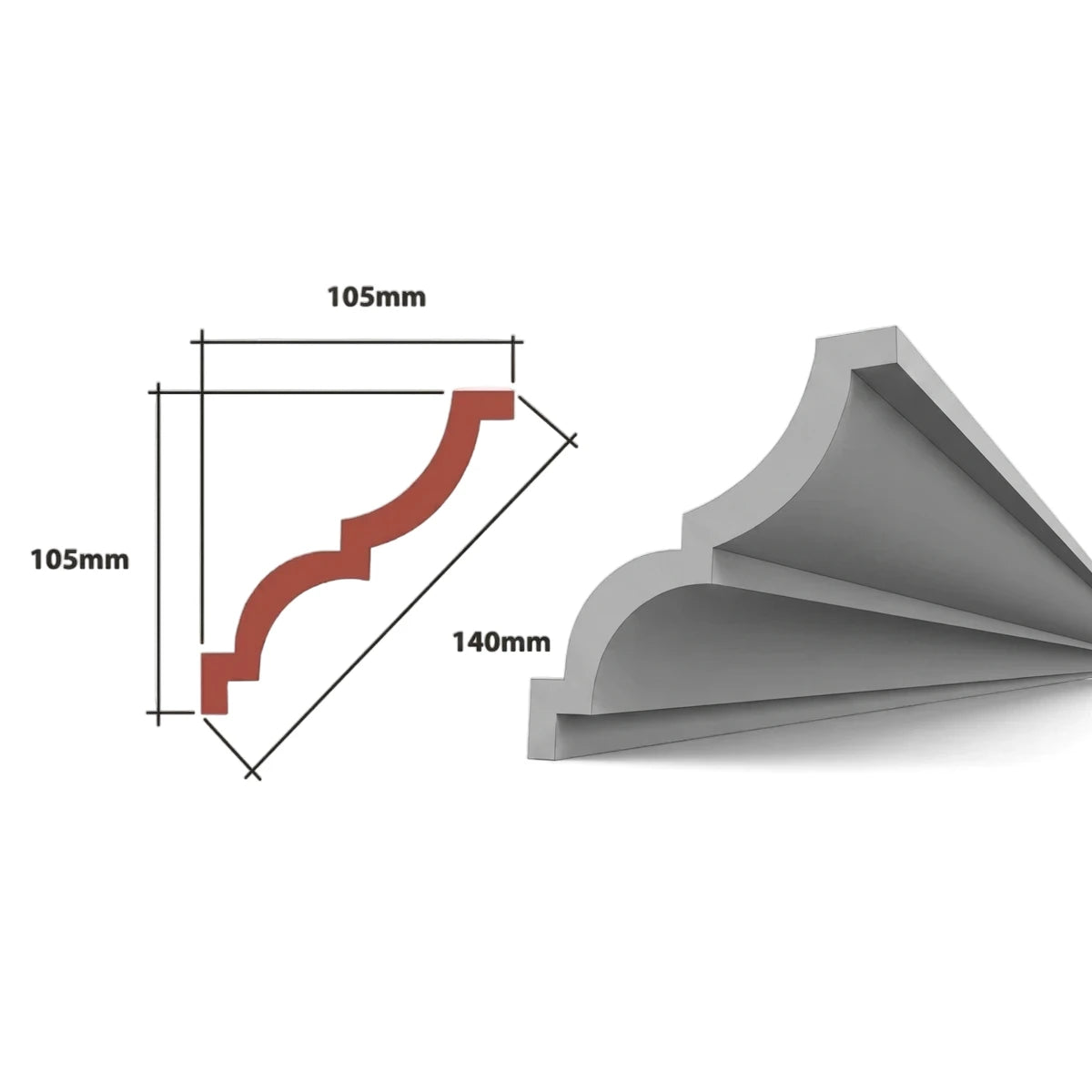 Biance EPS MD Cornice 105 x 105 x 140mm, featuring a technical cross-section diagram and a 3D profile view for architectural