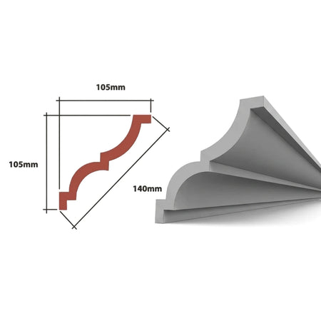 Biance EPS MD Cornice 105 x 105 x 140mm, featuring a technical cross-section diagram and a 3D profile view for architectural