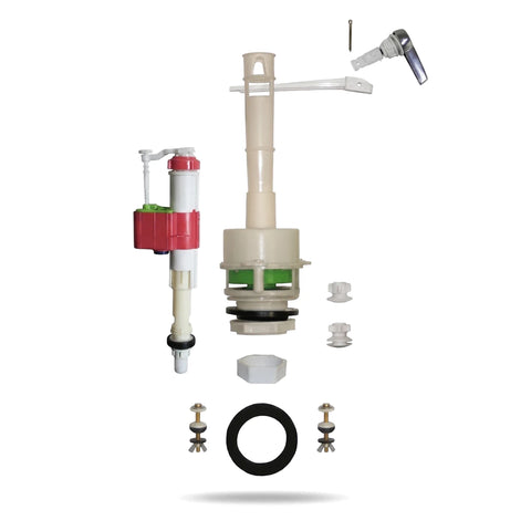 Bibo Close Coupled Toilet Cistern Kit with various white, red, and green plastic and metal components on a white background.