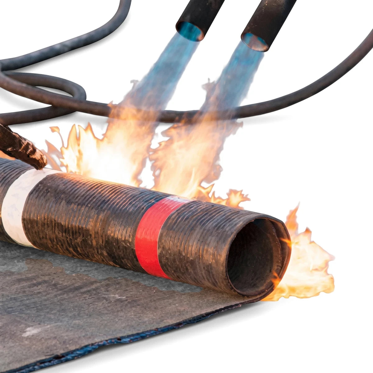 Close-up of black corrugated Bitumax Torch On Membrane being heated by two torches during installation on a surface.