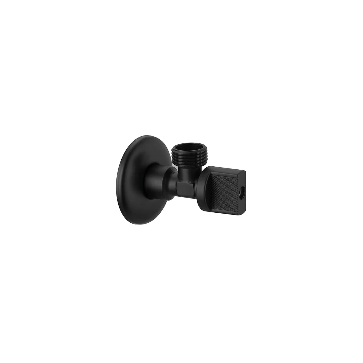 Black 1/2" x 1/2" angle valve for plumbing applications, featuring a sleek matte finish and compact design.