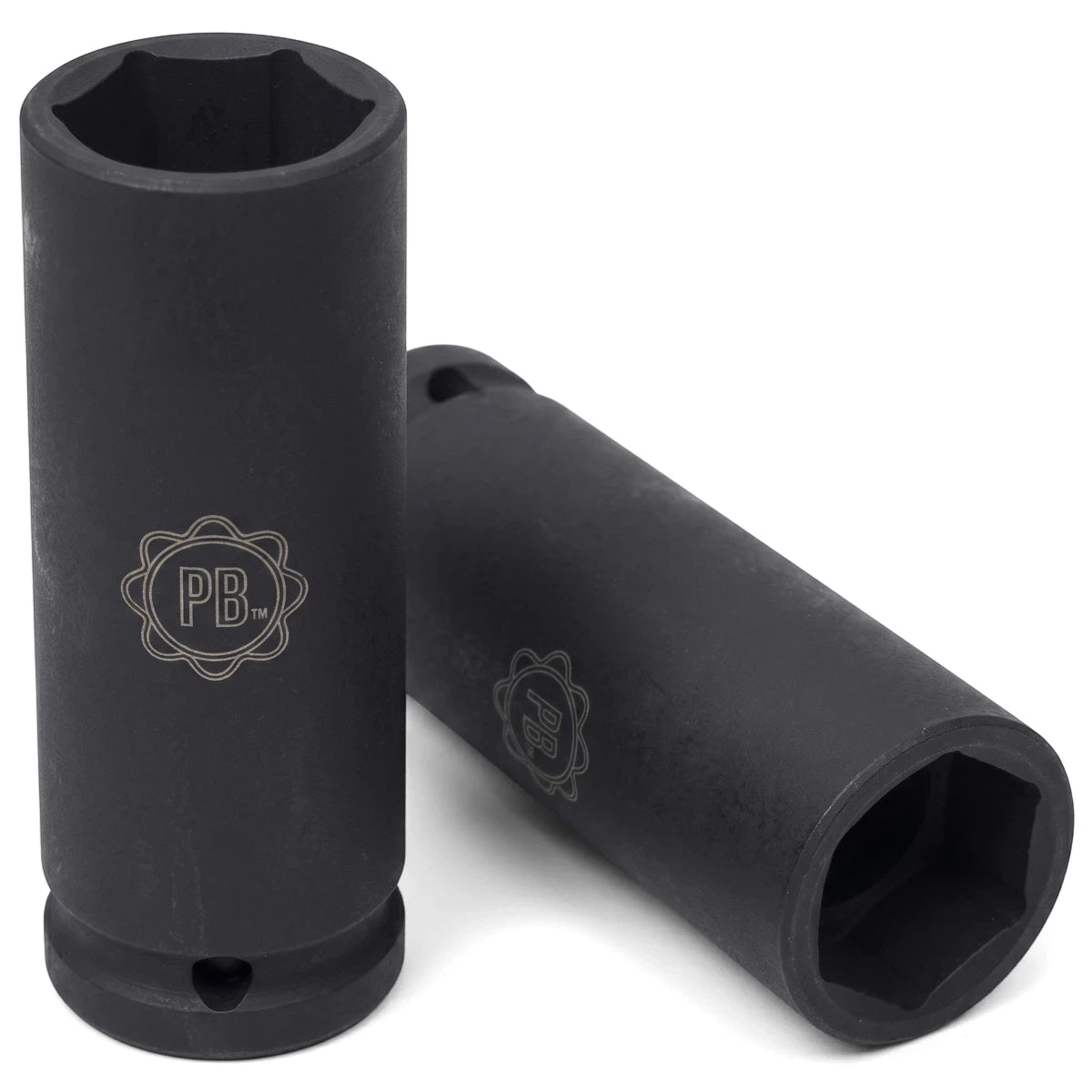 Two black 1/2-inch drive 6-point deep hex sockets, 18mm, one standing upright and one leaning.