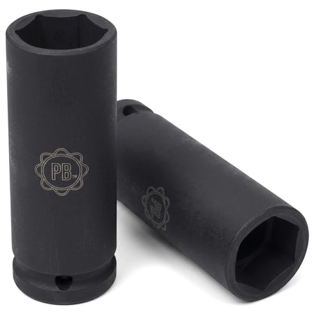 Two black 1/2-inch drive 6-point deep hex sockets, 18mm, one standing upright and one leaning.