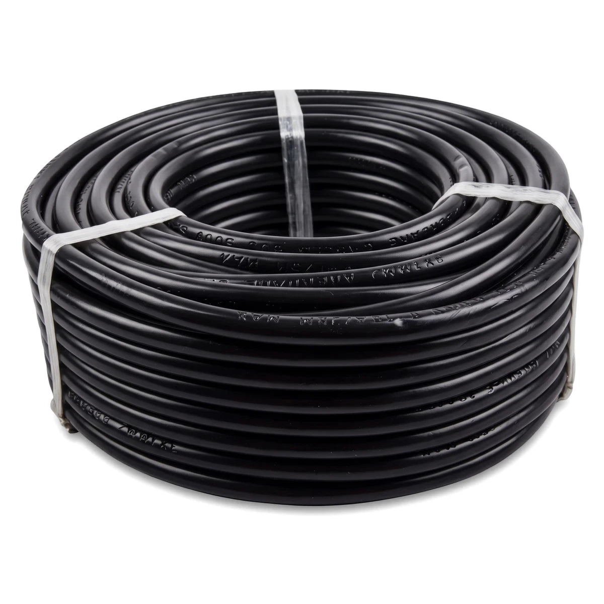 Black 1.5 X 3 Core Cabtyre 30M electrical wire coil, tied with white straps, shot from a slight angle.
