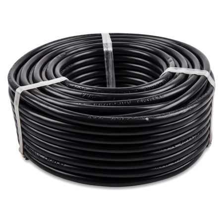 Black 1.5 X 3 Core Cabtyre 30M electrical wire coil, tied with white straps, shot from a slight angle.