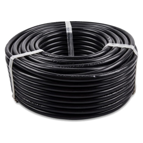 Black 1.5 X 3 Core Cabtyre 30M electrical wire coil, tied with white straps, shot from a slight angle.