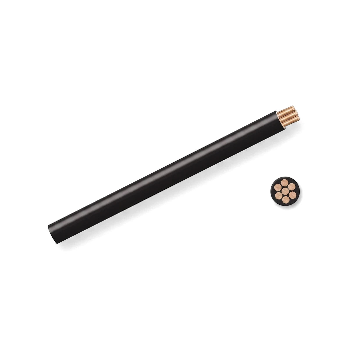 Black 1.5mm GP electrical wire with exposed copper strands and a cross-section, viewed diagonally on a white background.