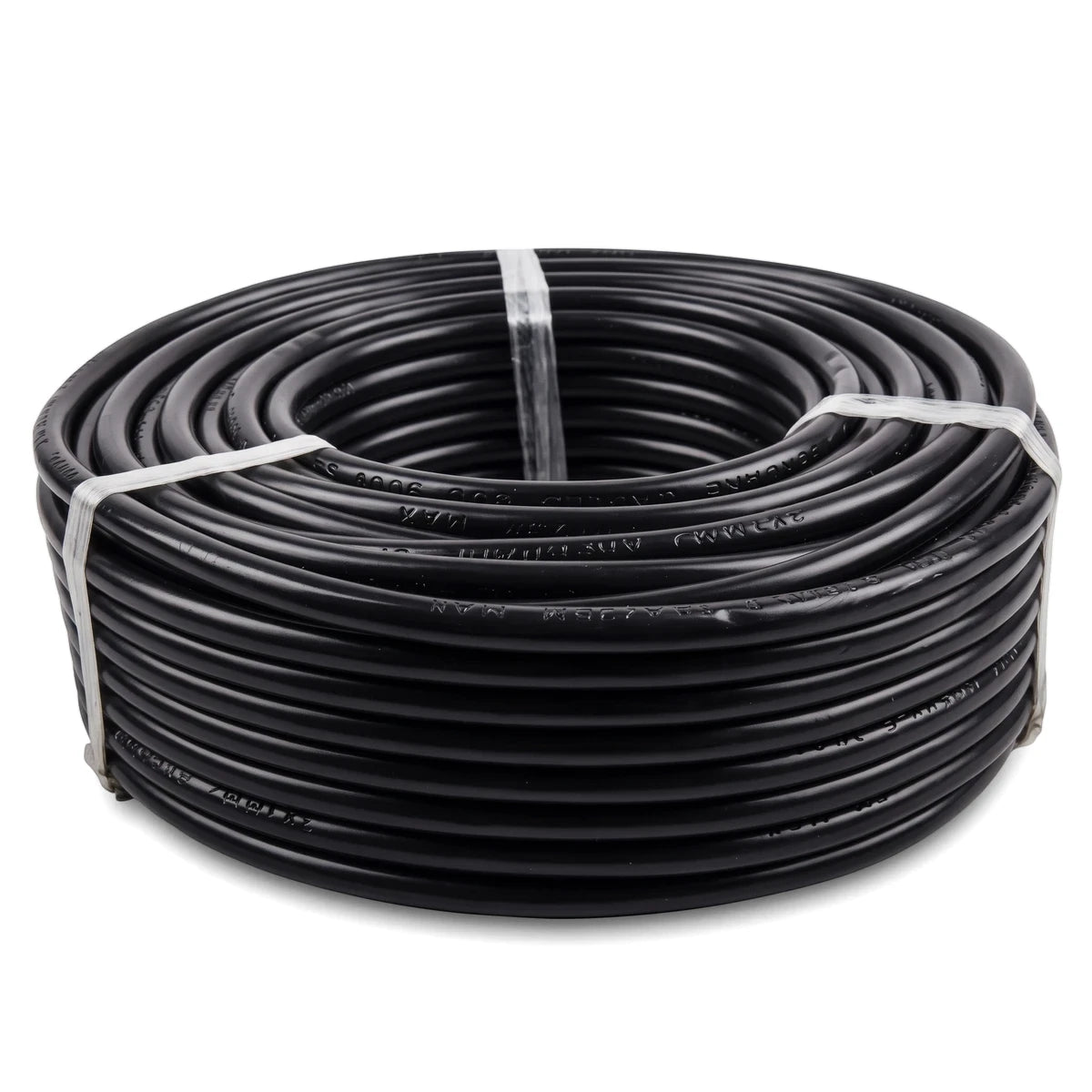 A coiled 50-meter length of black 1.5 x 3 core Cabtyre electrical wire and cable, front view.