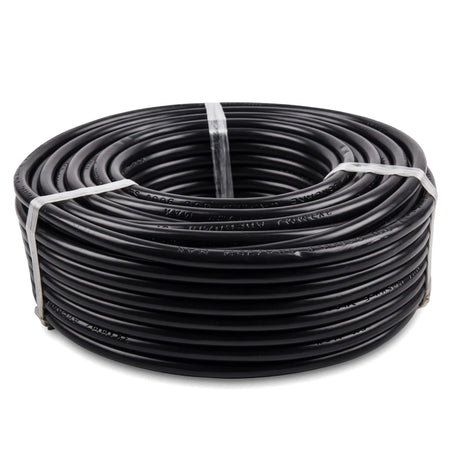 A coiled 50-meter length of black 1.5 x 3 core Cabtyre electrical wire and cable, front view.