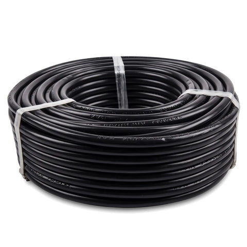 A coiled 50-meter length of black 1.5 x 3 core Cabtyre electrical wire and cable, front view.