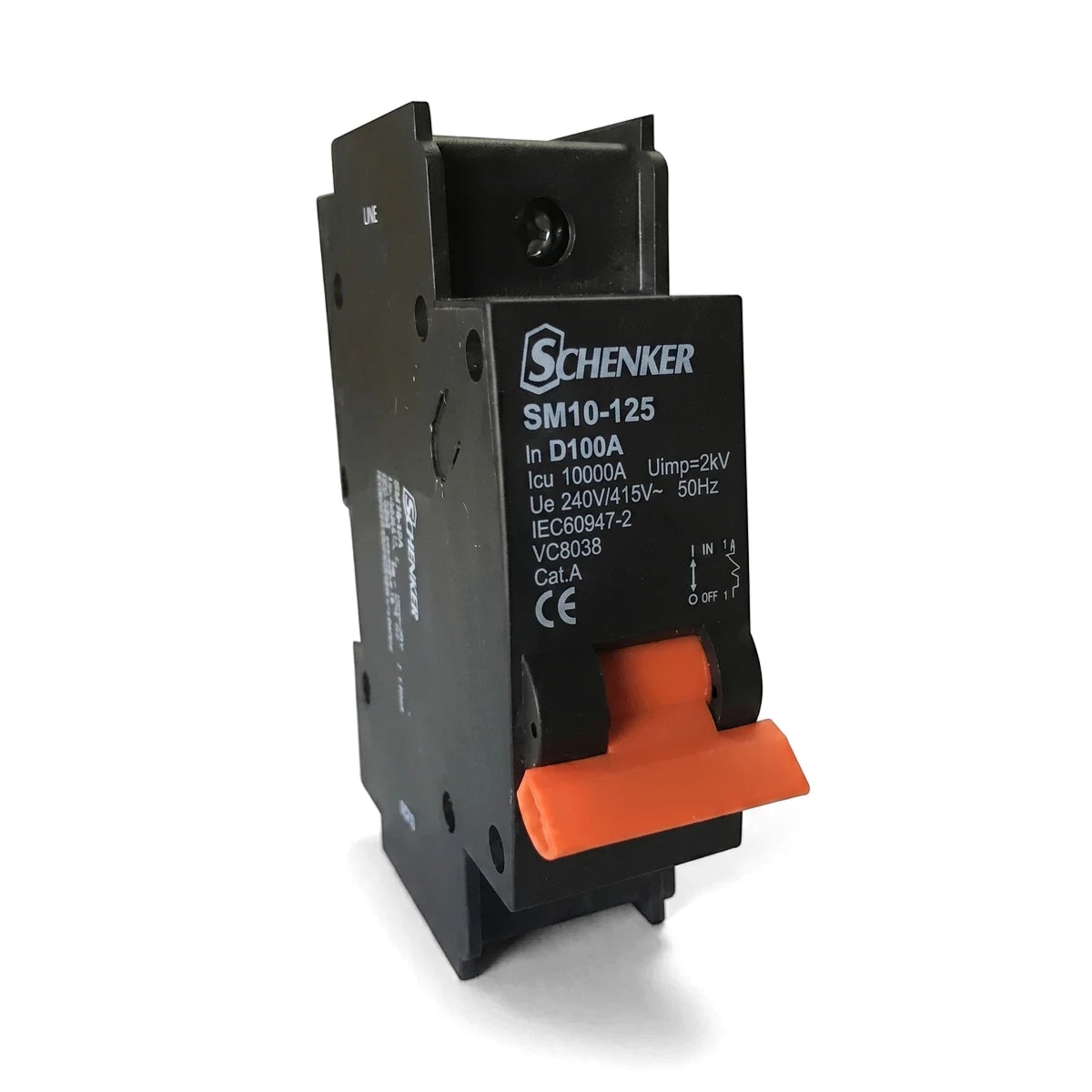 Black single pole 100A 10Ka circuit breaker with an orange toggle switch, viewed from a slight angle.