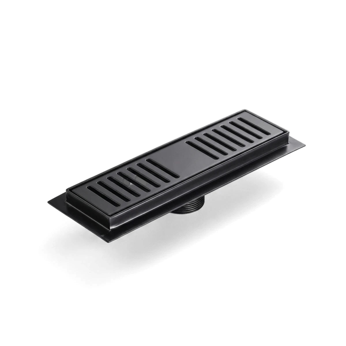 Black 100mm rectangular shower trap with a linear grate design, viewed at a slight angle on a reflective surface.