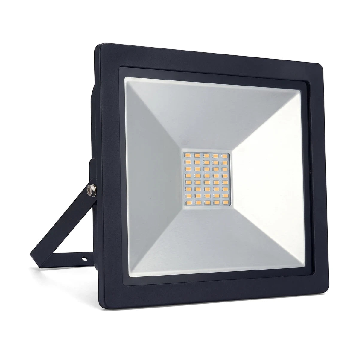 Black 100W LED floodlight with a silver reflector and integrated stand for outdoor illumination, 4000K color temperature.