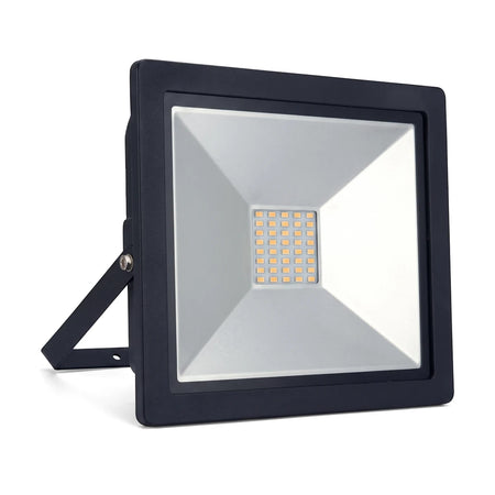 Black 100W LED floodlight with a silver reflector and integrated stand for outdoor illumination, 4000K color temperature.
