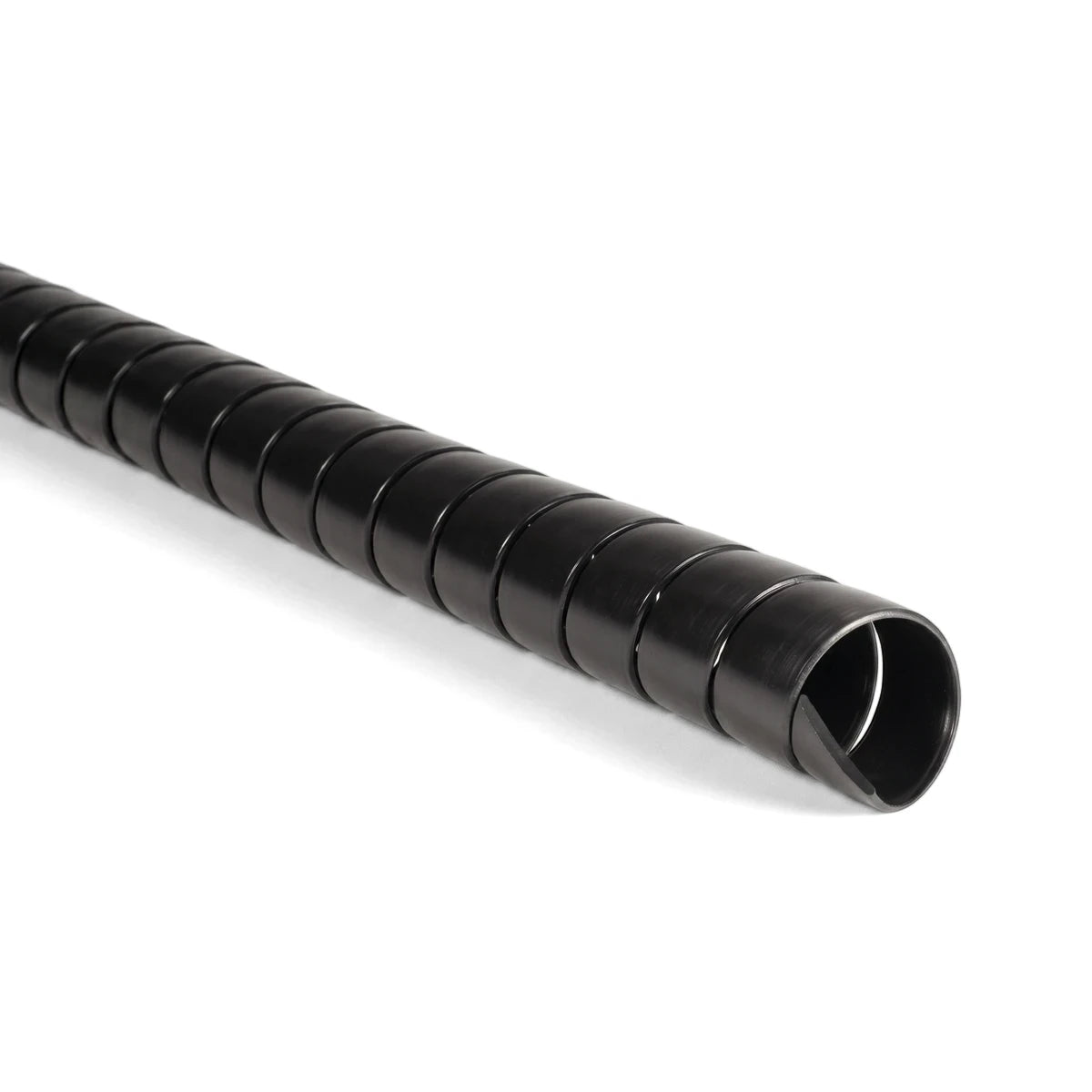 Black 12mm spiral wrapping cable protector, flexible and durable, shown diagonally on a clean white background.