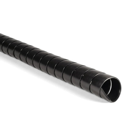 Black 12mm spiral wrapping cable protector, flexible and durable, shown diagonally on a clean white background.