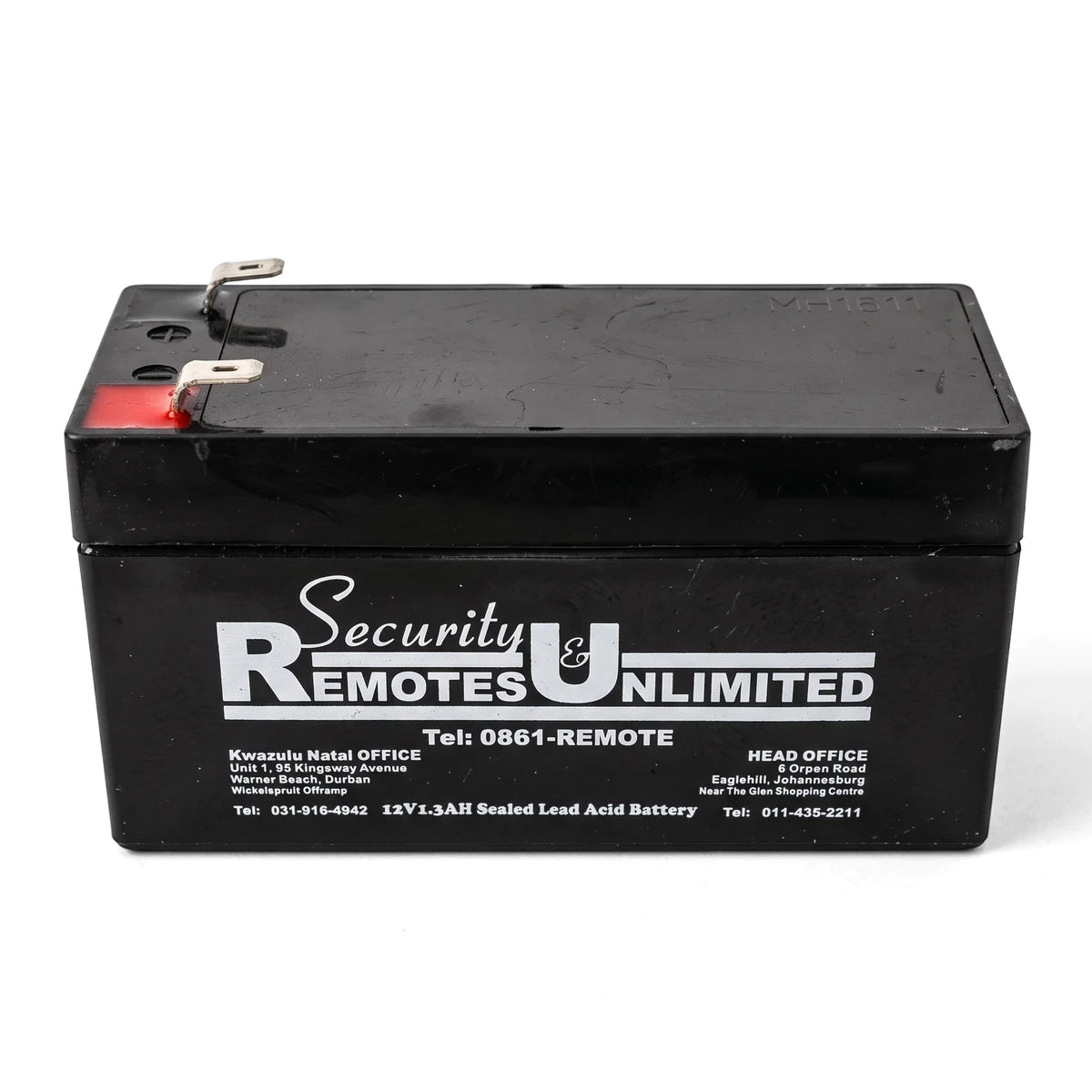 Black 12V 1.3Ah sealed lead acid battery with white branding and metal terminals, rectangular shape.