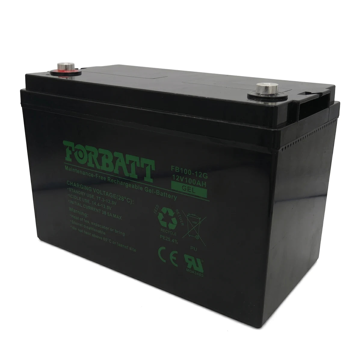 Black 12V 100Ah SLA gel battery with green branding and silver terminals, shown from an angled view.