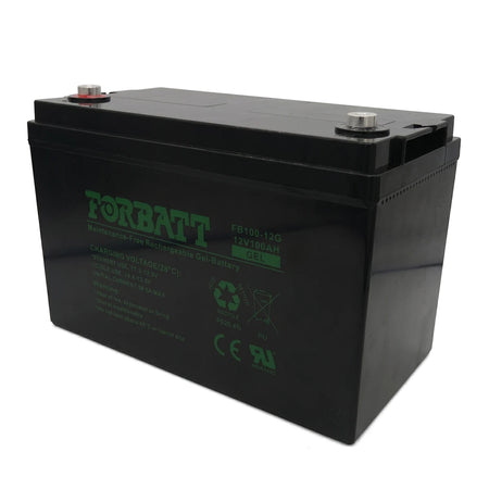 Black 12V 100Ah SLA gel battery with green branding and silver terminals, shown from an angled view.