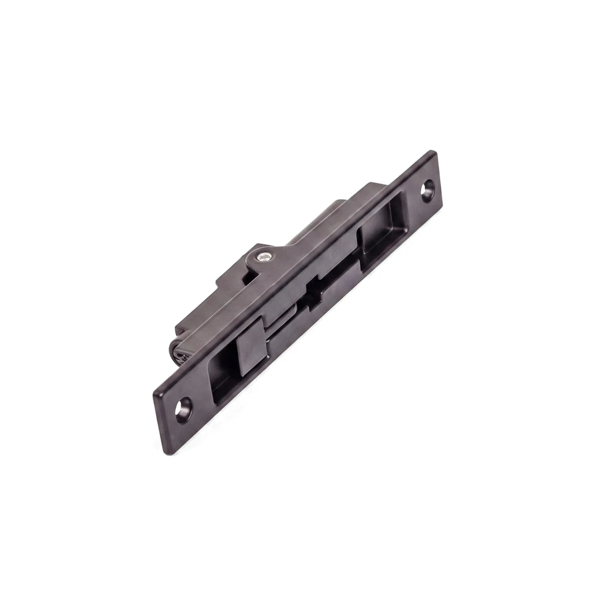 Black 150mm flush bolt for doors, made of metal with a sliding locking mechanism and screw holes for secure installation.