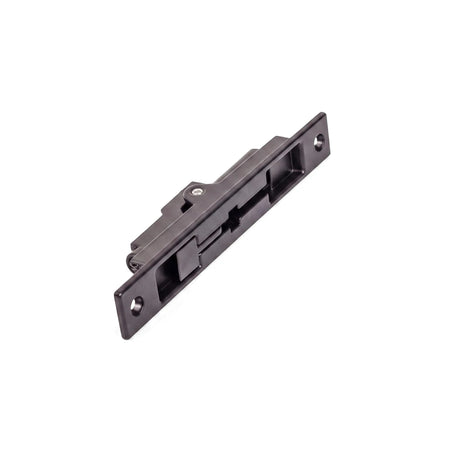 Black 150mm flush bolt for doors, made of metal with a sliding locking mechanism and screw holes for secure installation.