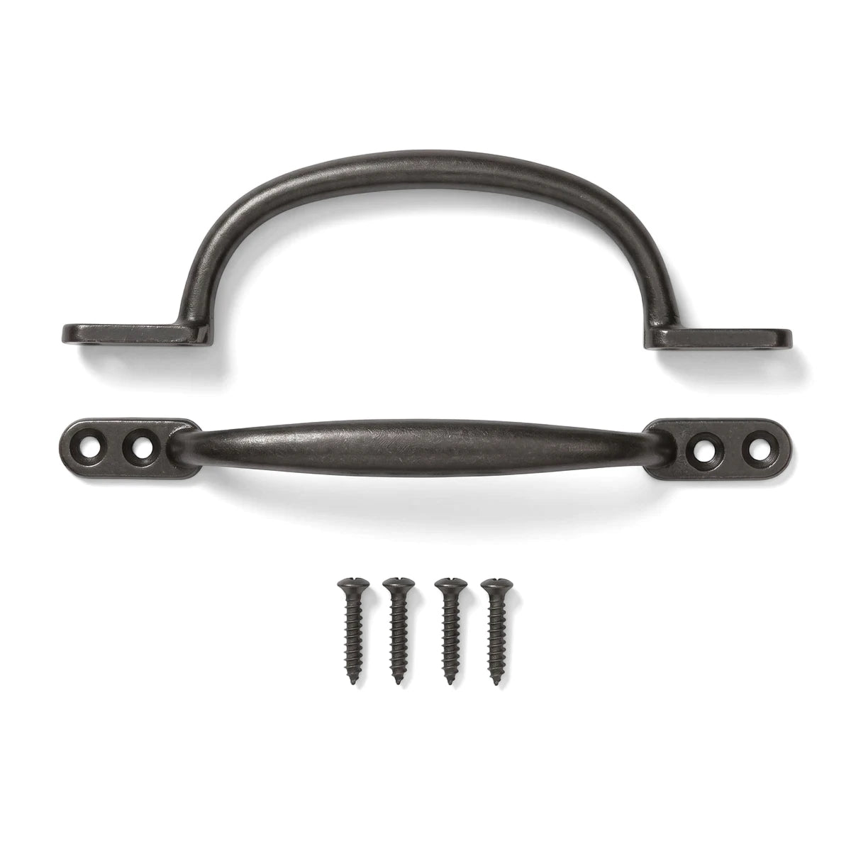 Two black 152mm sash handle pulls, one arched and one straight, displayed with four matching screws for locks and latches.
