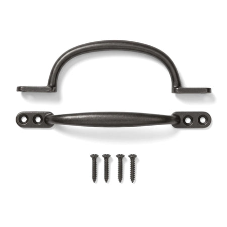 Two black 152mm sash handle pulls, one arched and one straight, displayed with four matching screws for locks and latches.