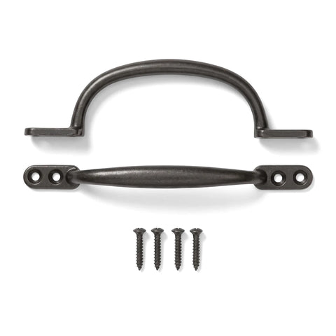 Two black 152mm sash handle pulls, one arched and one straight, displayed with four matching screws for locks and latches.