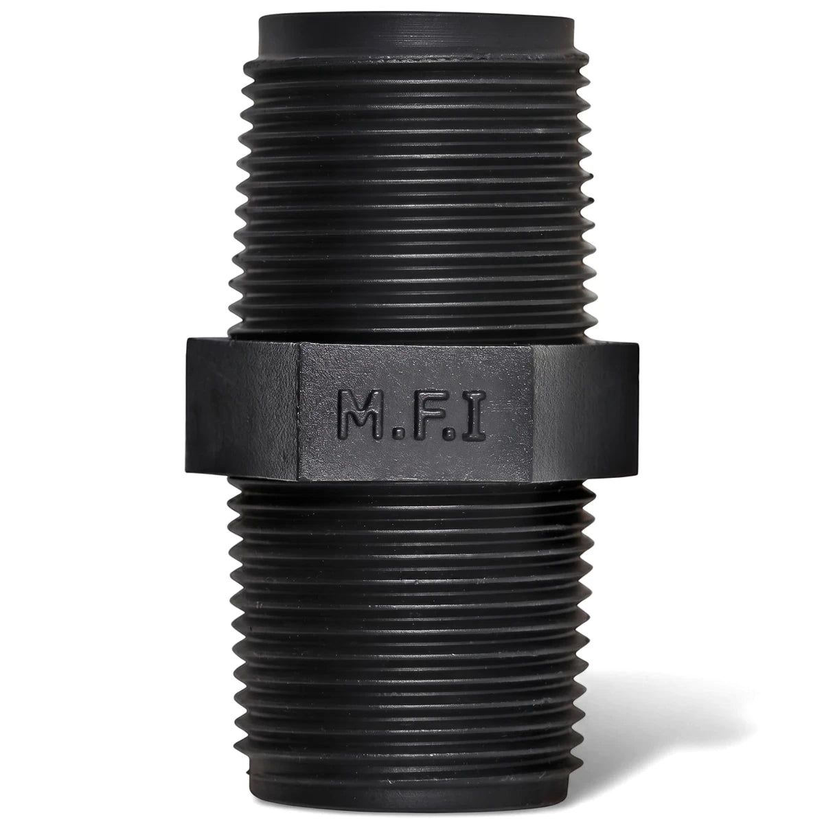 Close-up view of a black 15mm irrigation barrel nipple with threaded ends and an M.F.I. logo on its hexagonal center.
