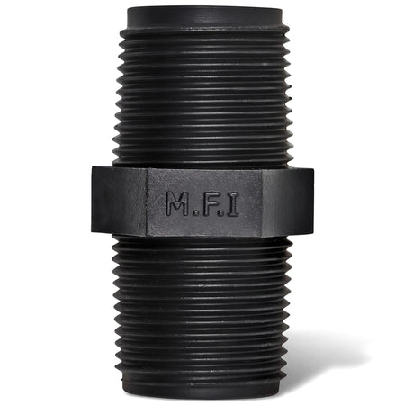 Close-up view of a black 15mm irrigation barrel nipple with threaded ends and an M.F.I. logo on its hexagonal center.