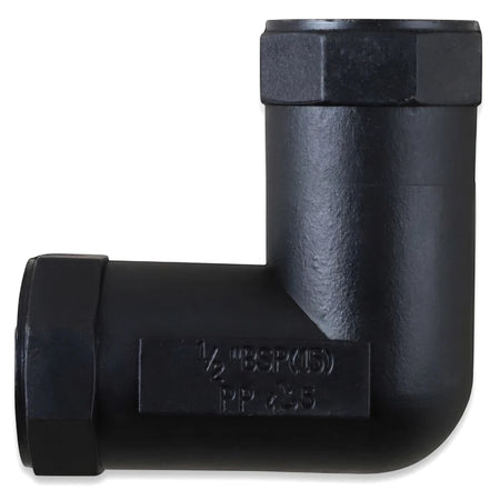 Black 15mm irrigation female elbow fitting, made of polypropylene, with 1/2" BSP(IS) text, shown from the side.