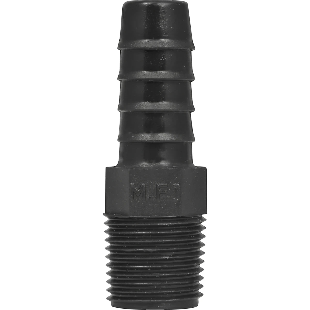 Black 15mm irrigation male adapter with a barbed end and threaded pipe fitting, shown vertically.