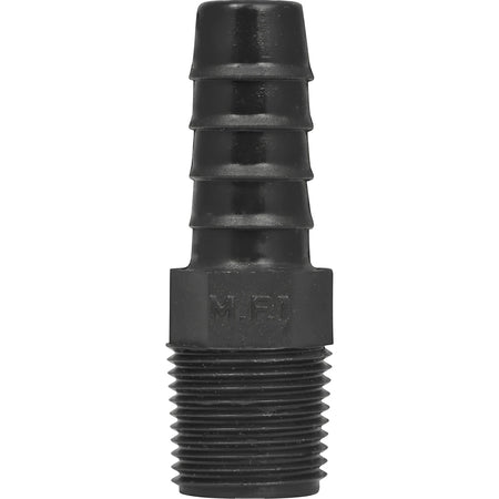 Black 15mm irrigation male adapter with a barbed end and threaded pipe fitting, shown vertically.
