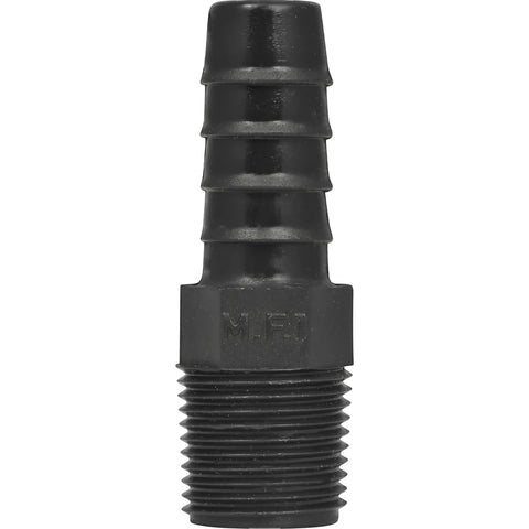 Black 15mm irrigation male adapter with a barbed end and threaded pipe fitting, shown vertically.