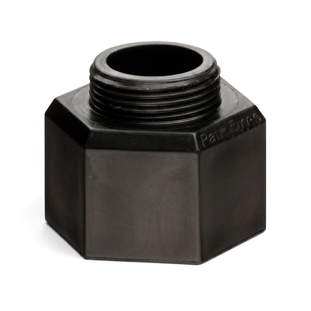 Close-up of a black 15mm plastic shrub adapter with a hexagonal body and threaded connection, shown from a slightly elevated