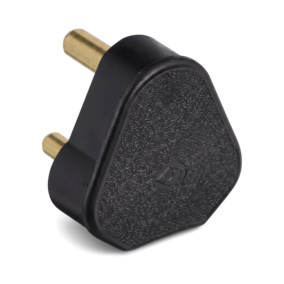 Black 16A plug top with two brass pins, featuring a textured triangular body, photographed from an elevated angle.