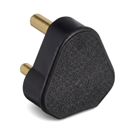 Black 16A plug top with two brass pins, featuring a textured triangular body, photographed from an elevated angle.