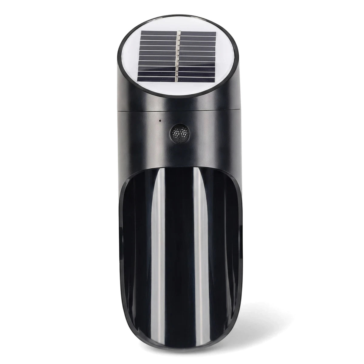 Black 1W outdoor solar LED light with motion sensor for wall mounting, shown from the front.