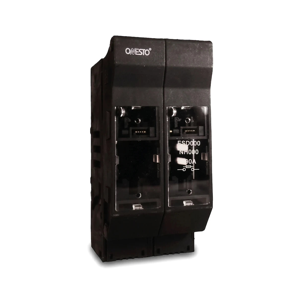 Black 2 Pole Fuse Switch Fuse Holder by ONESTO, an electrical component for power distribution systems.